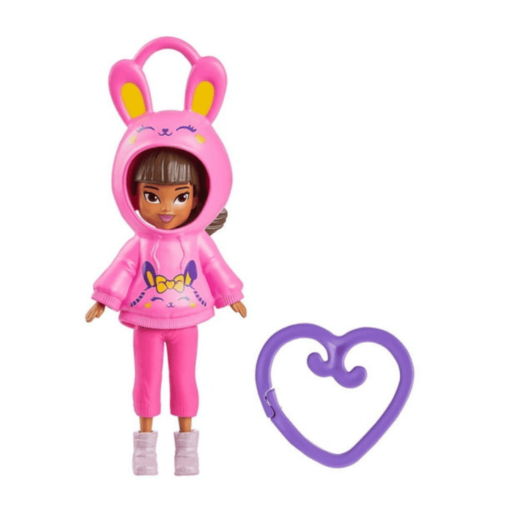 13cm polly pocket doll wearing bunny themed hoodie top with bunny ears design and purple clip on heart