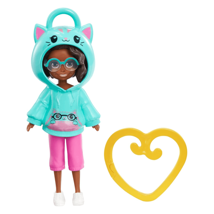 13cm polly pocket doll wearing cat themed hoodie top with cat design and yellow clip on heart