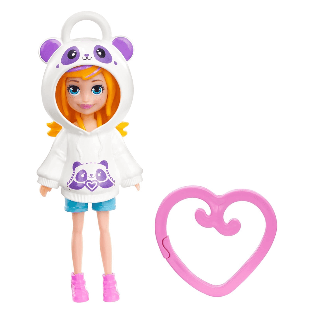 13cm polly pocket doll wearing panda themed hoodie top with panda design and pink clip on heart