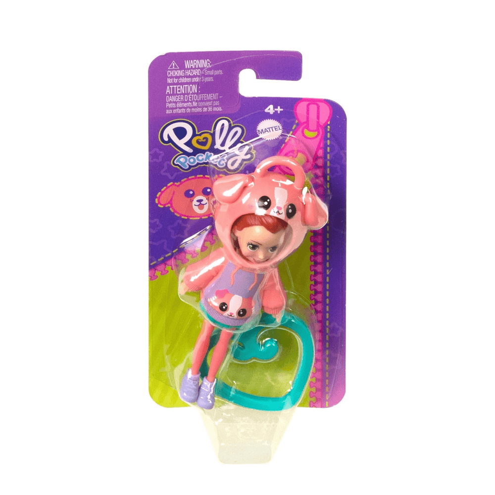 polly pocket doll with dog theme hoodie inside cardboard branded packaging