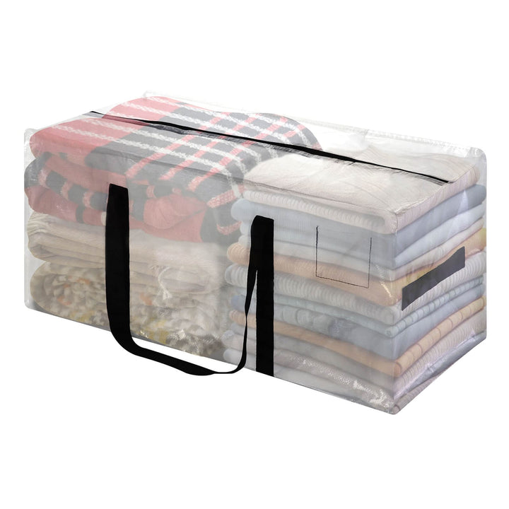 Large clear moving bag filled with bedding and fabrics for storage