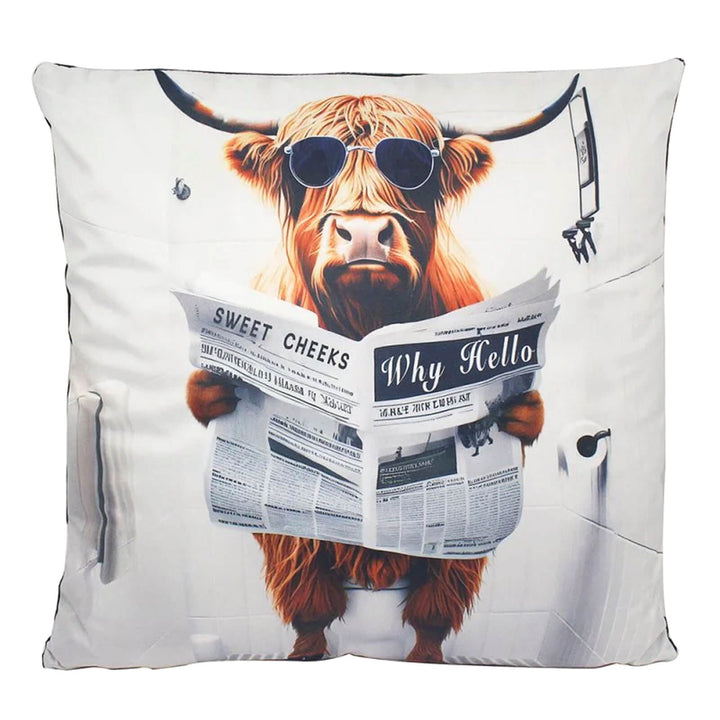 Cushion with Highland Cow reading a newspaper on the toilet design
