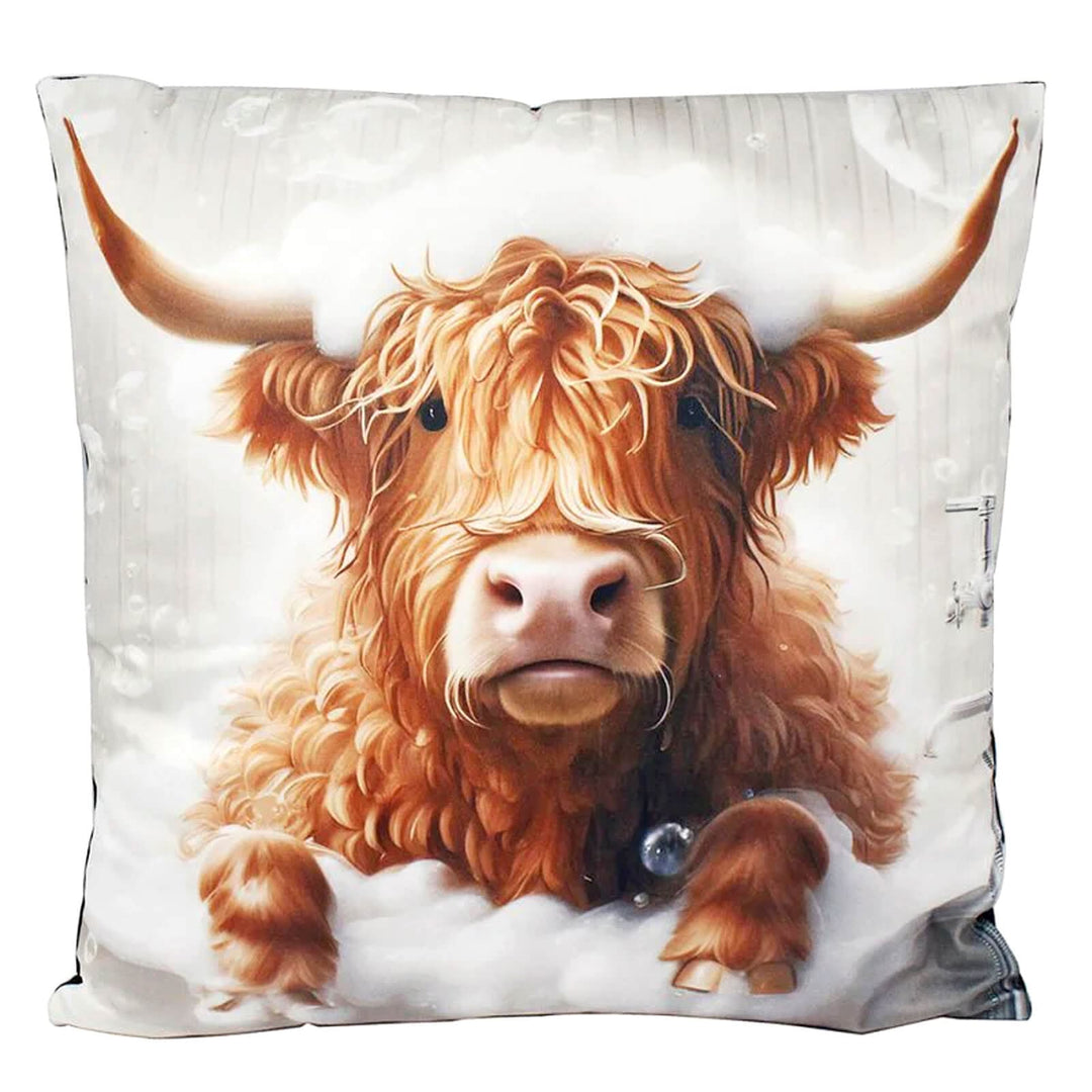 Cushion with Highland Cow in a bath design