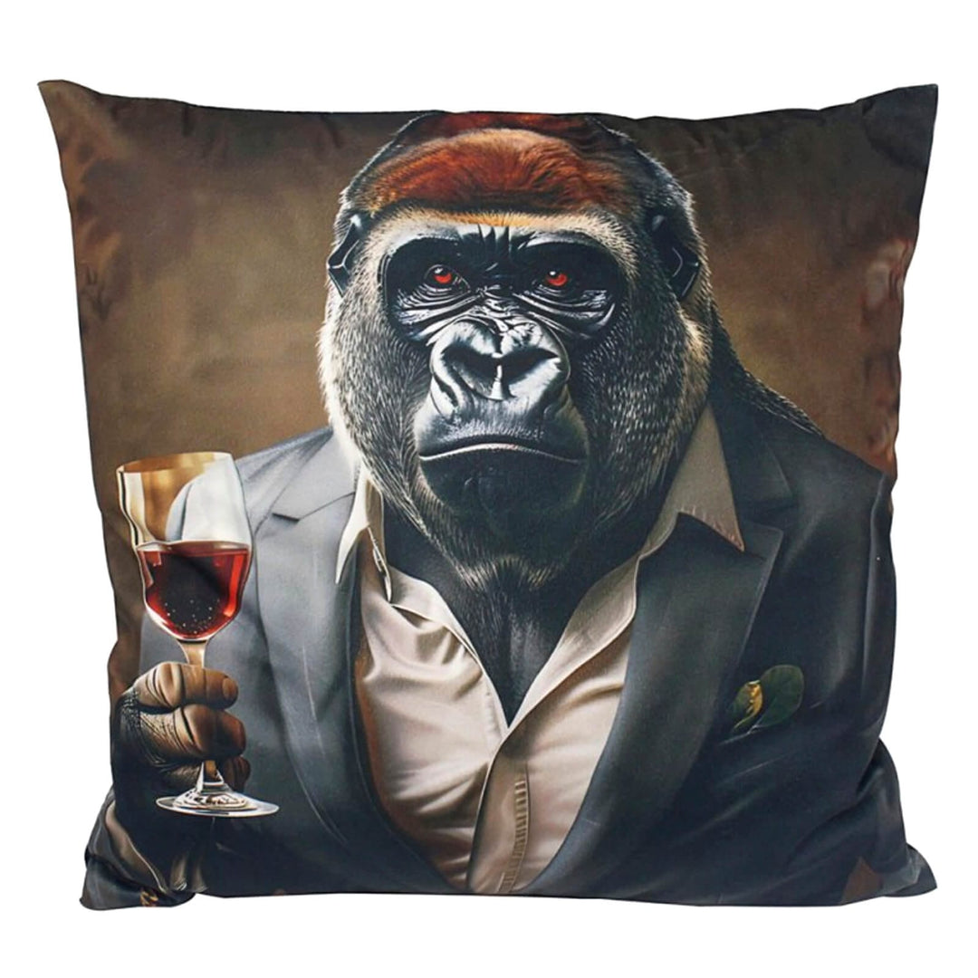 Cushion with gorilla holding a glass of wine design