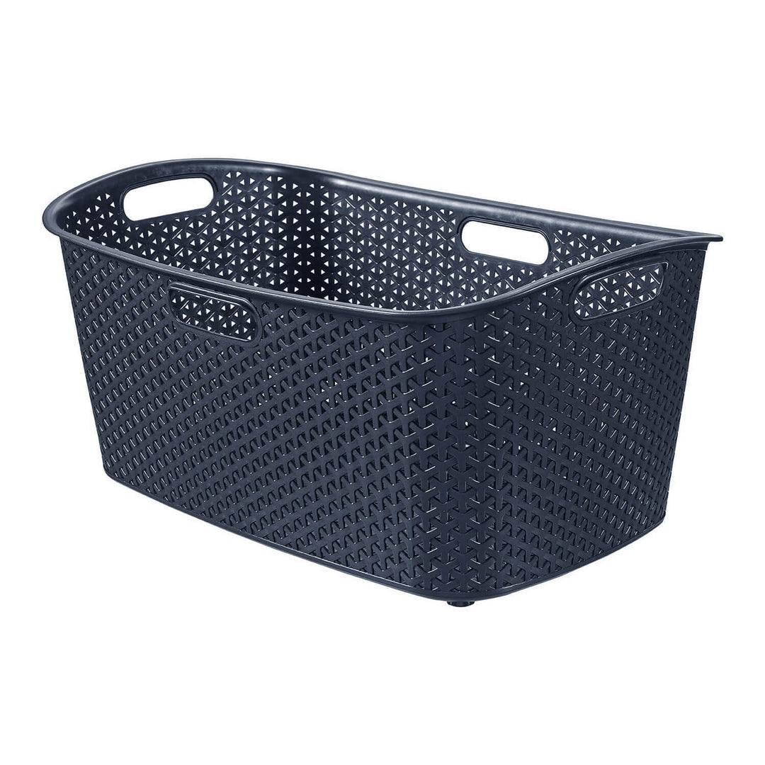 Dark grey laundry basket in plastic rattan weave effect and four handles