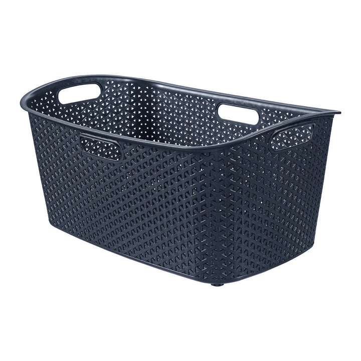 Dark grey laundry basket in plastic rattan weave effect and four handles