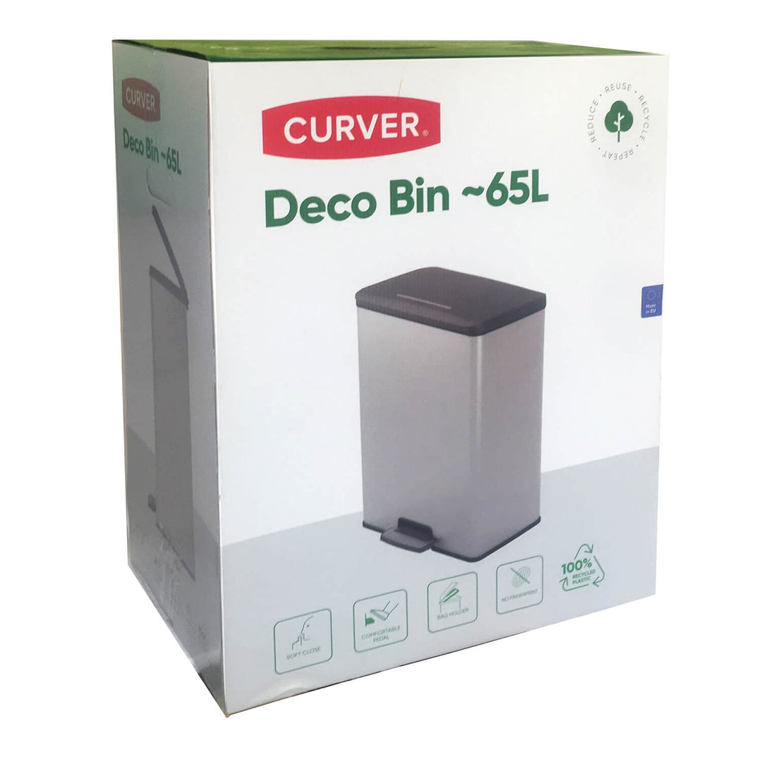 Box packaging for Curver Deco Bin 65L in silver and grey