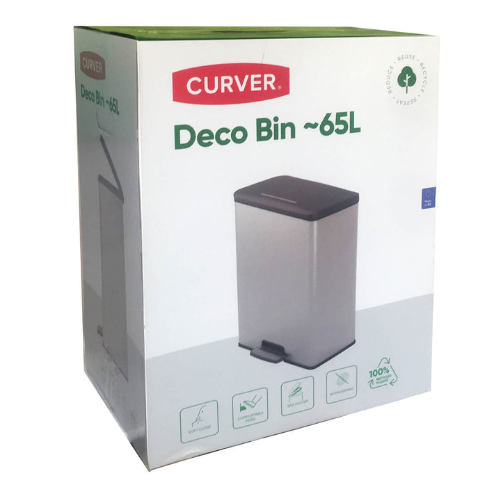 Box packaging for Curver Deco Bin 65L in silver and grey