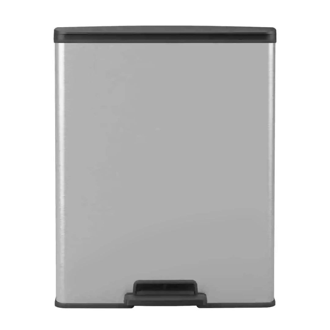 Front view of a silver and dark grey 100% recycled plastic pedal bin
