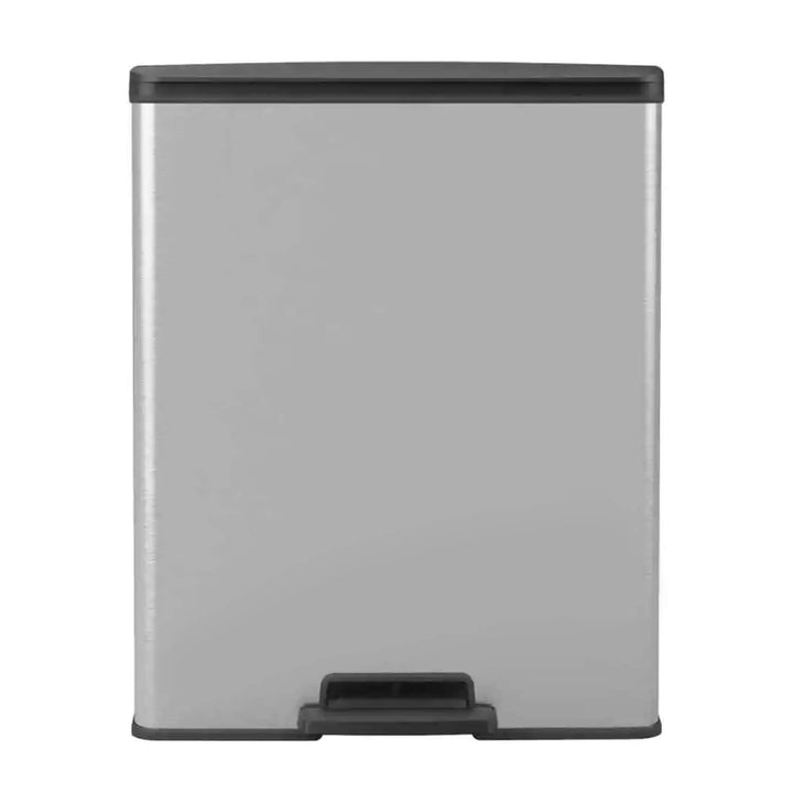 Front view of a silver and dark grey 100% recycled plastic pedal bin