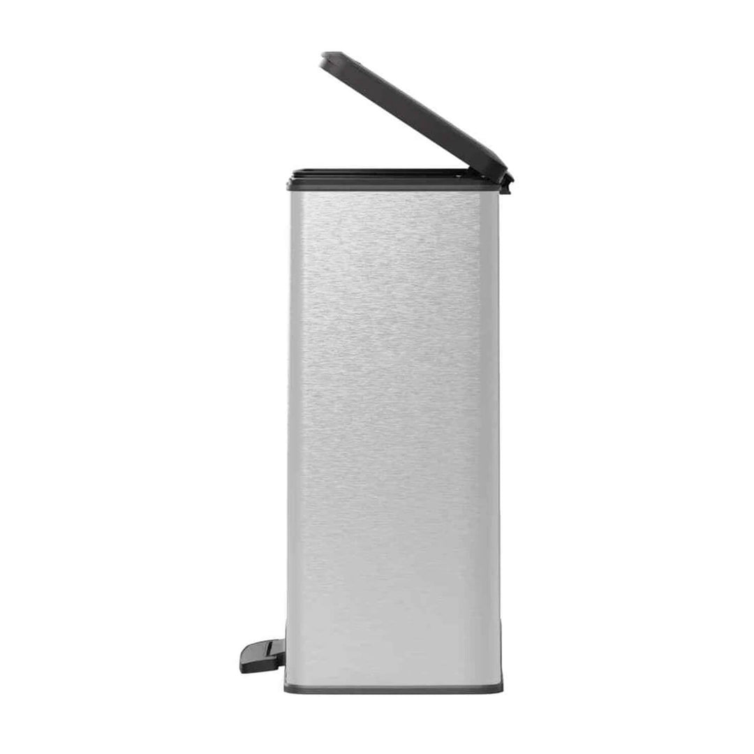 Side view of a metallic silver finish pedal bin