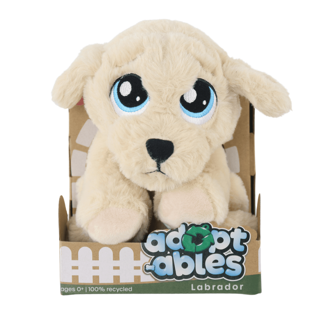adoptables soft cream colour labrador dog toy in kennel style cardboard packages with ages 0+ and 100% recycled on packaging
