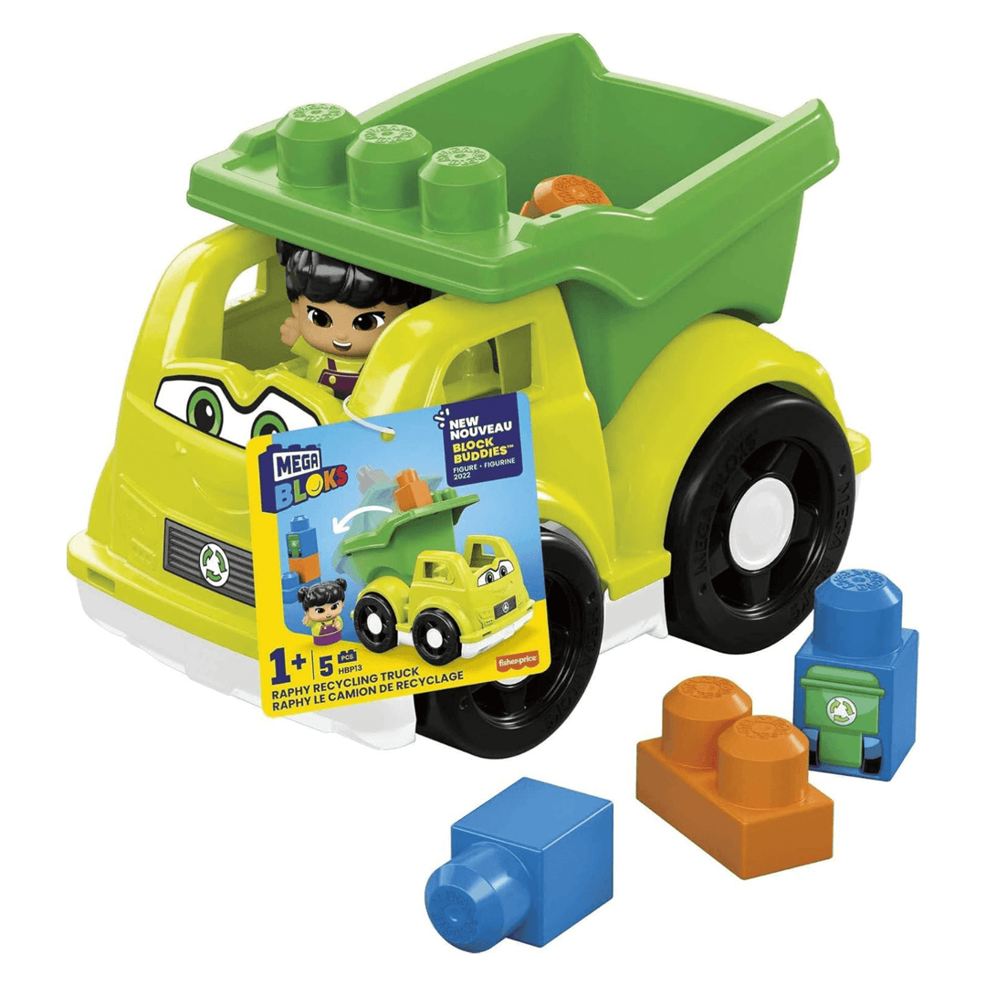 raphy recycling truck mega bloks set in green colour with block buddies girl figure wearing green and purple outfit