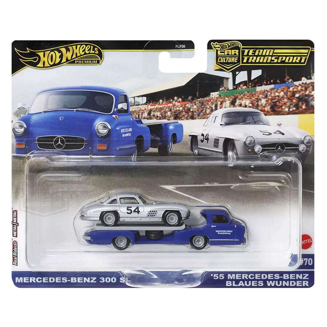 Hot Wheels Team Transport number 70 Mercedes Benz 300SL with 2 die-cast vehicles