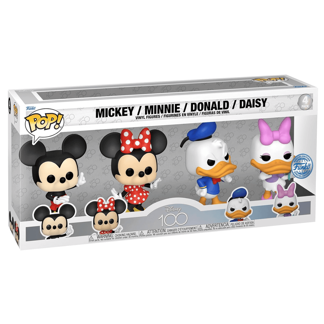 funko pop disney 100 vinyl figure set featuring mickey mouse, minnie mouse, donald duck and daisy duck in special edition funko box 