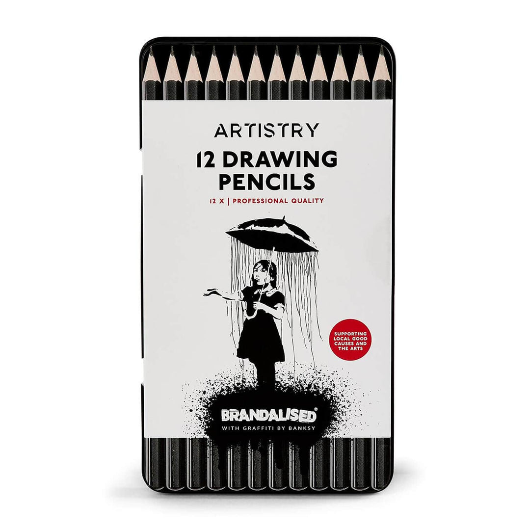 Tin of 12 Drawing Pencils in tin with Banksy artwork
