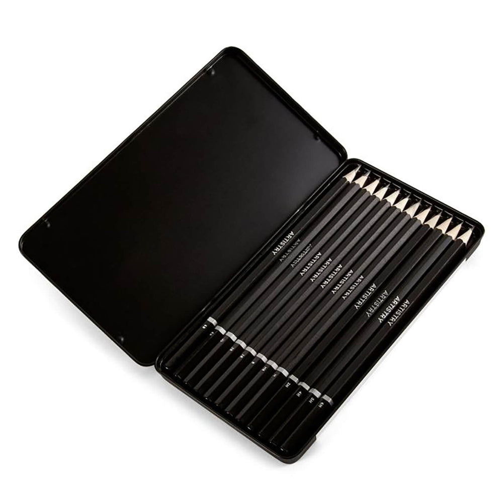 Tin of 12 black drawing pencils for writing and art