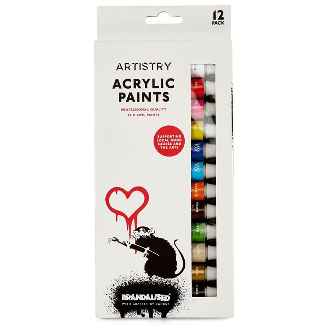 Pack of 12 Acrylic Paints in pack with Banksy rat graphic