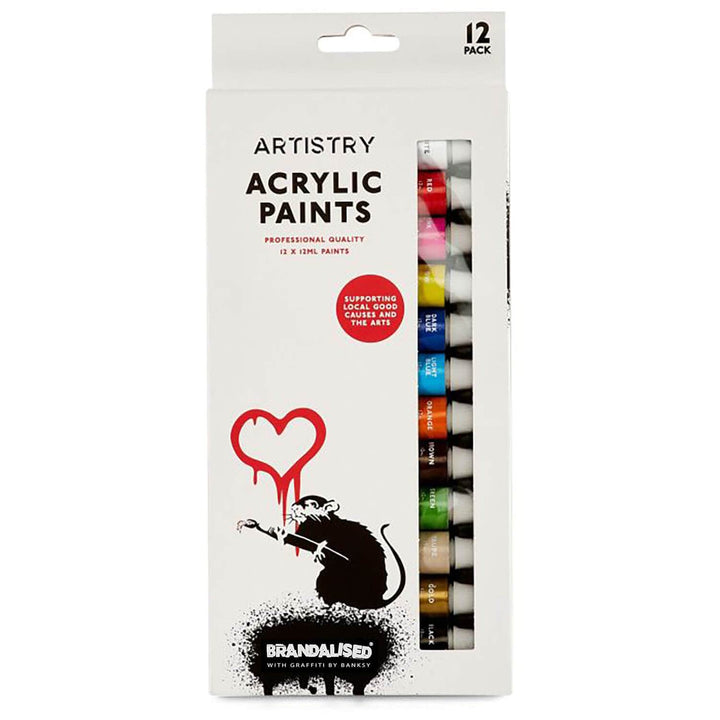 Pack of 12 Acrylic Paints in pack with Banksy rat graphic