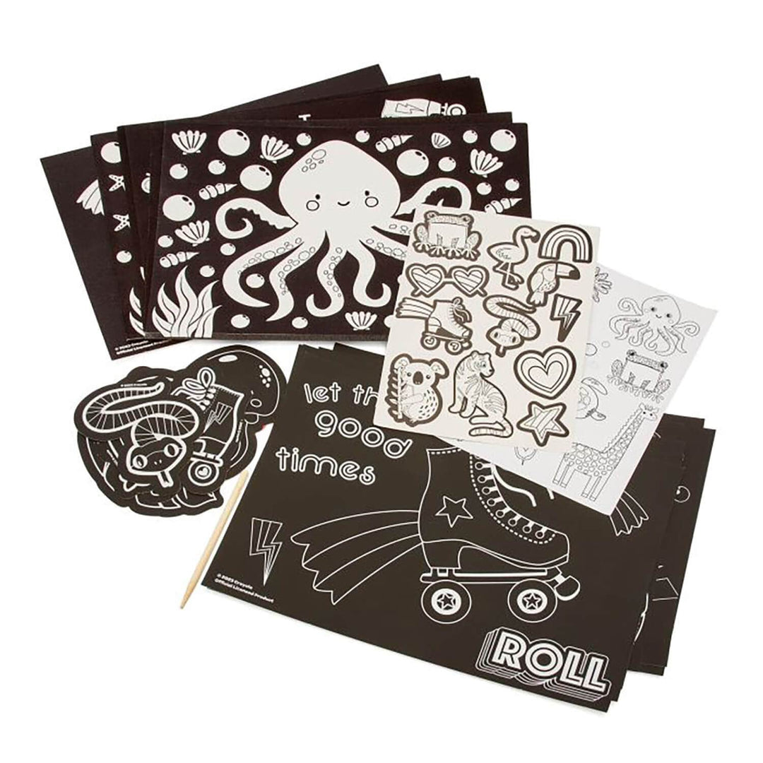 Black and white scratch art sheets and colour your own stickers play set