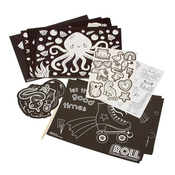 Black and white scratch art sheets and colour your own stickers play set