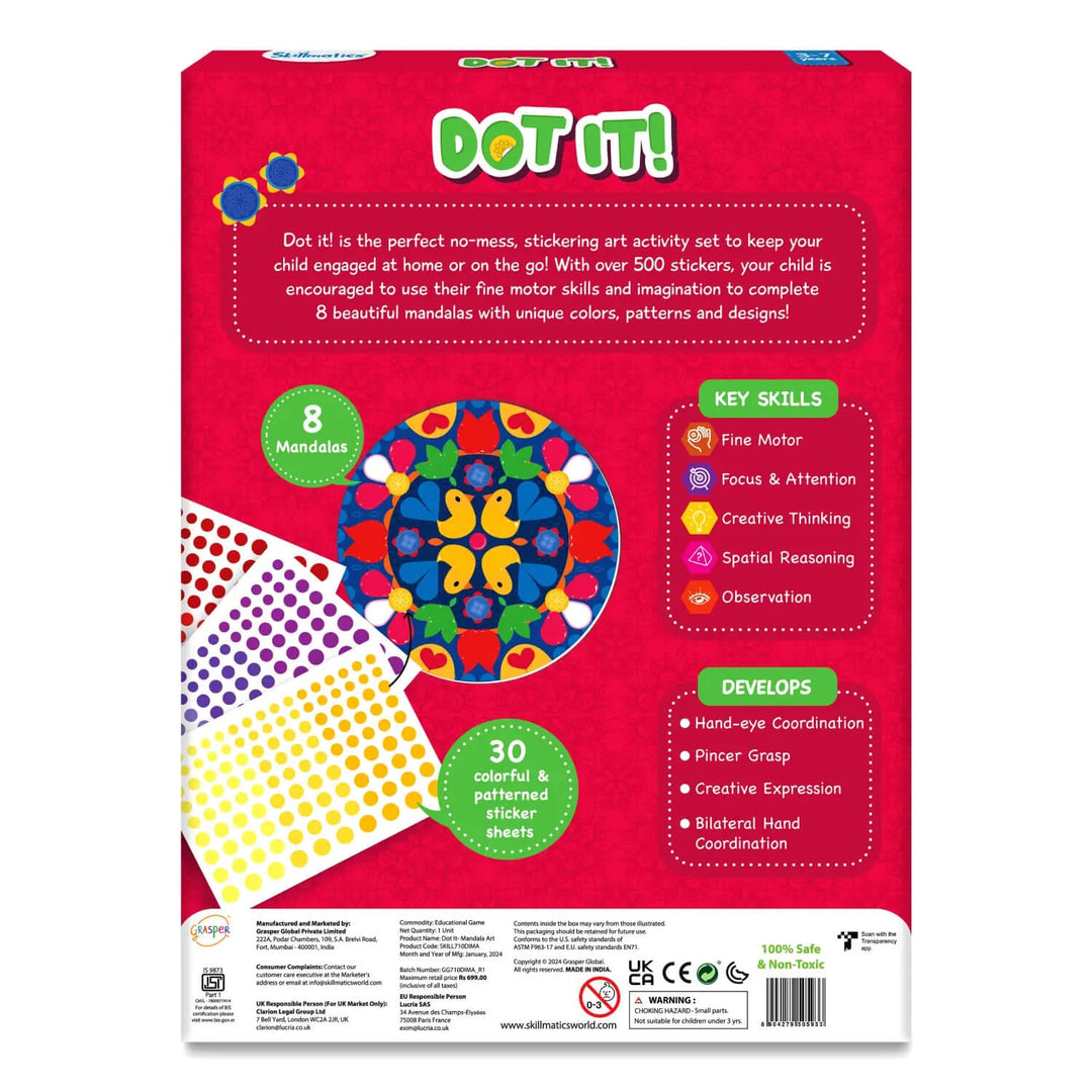Back of the pack of Dot It mandala sticker activity set