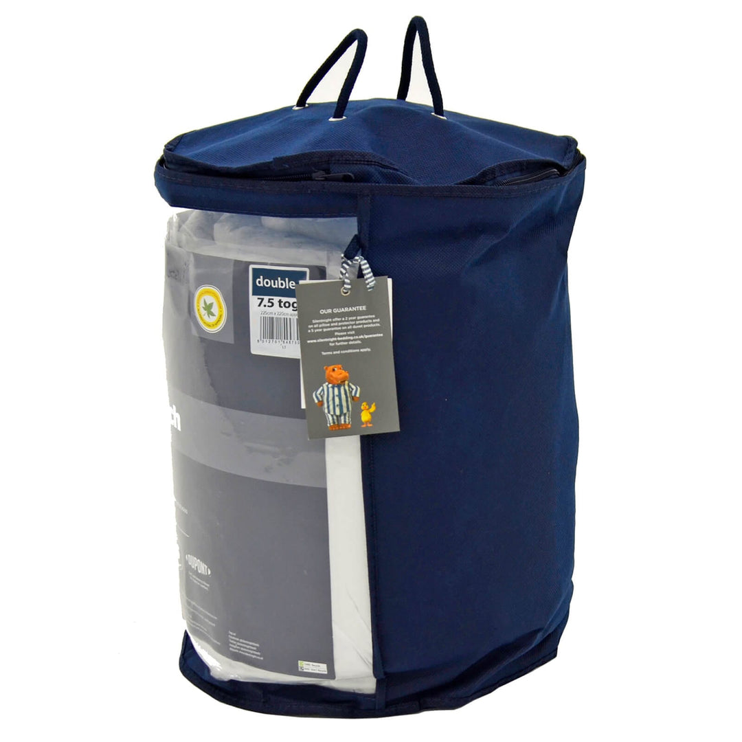 Side view of reusable bag containing a Silentnight double size luxury collection summer quilt