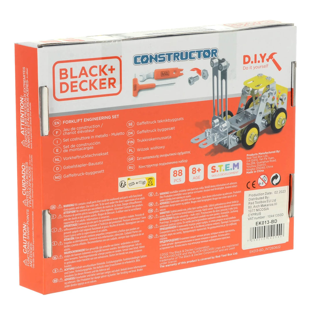 Back of the box of Black + Decker Forklift Engineering set to develop STEM skills