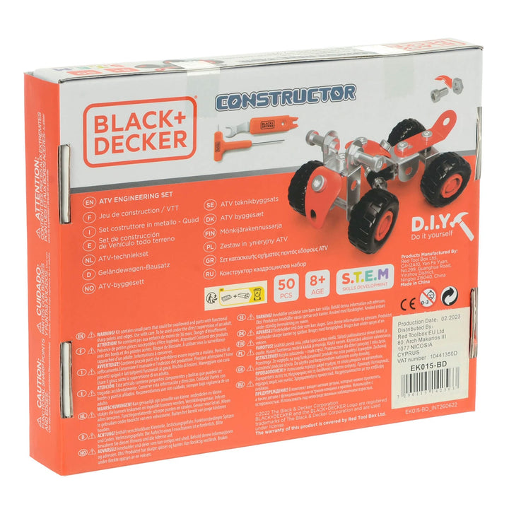 Back of the box of Black + Decker dune buggy construction set