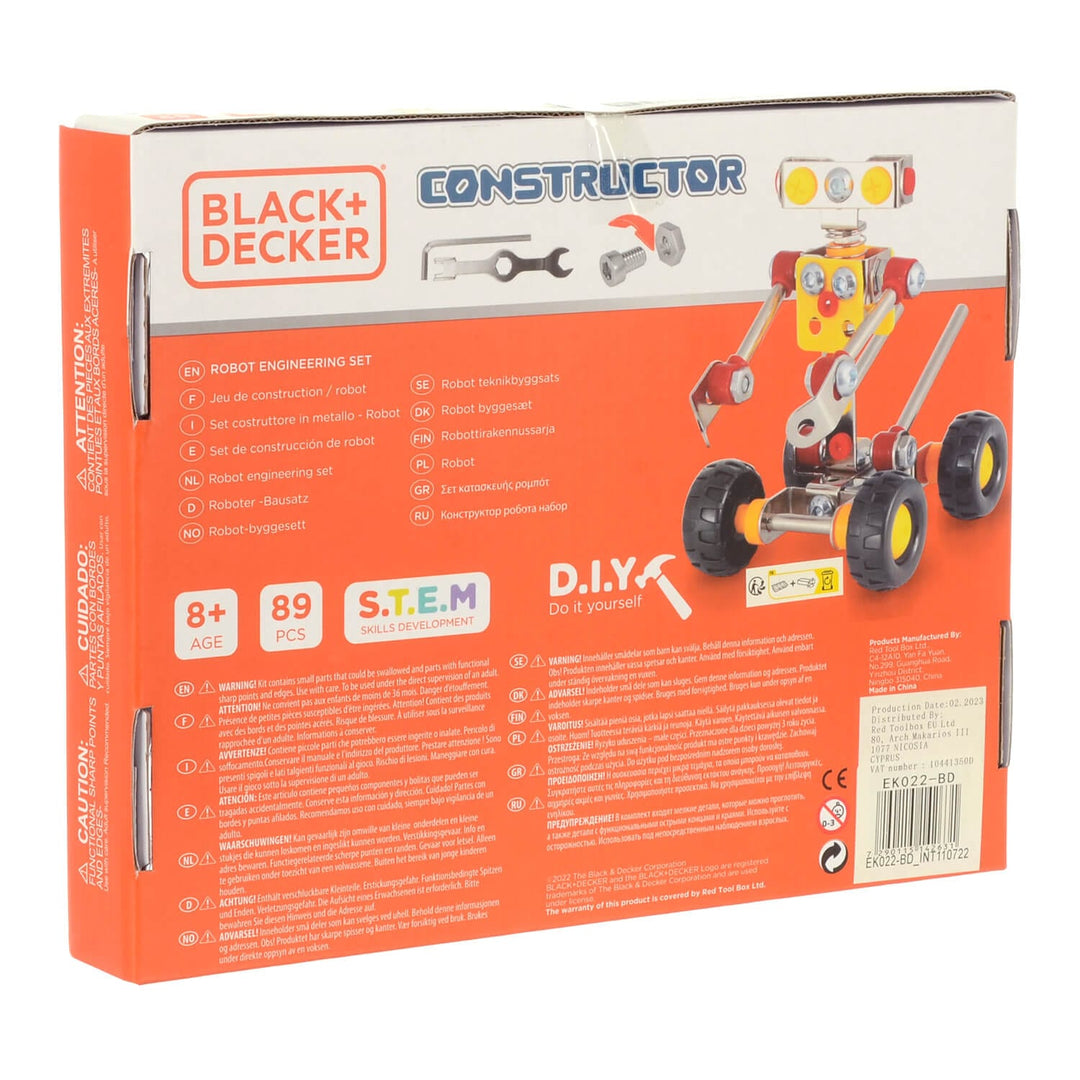 Back of the box of Black + Decker Constructor Robot engineering set