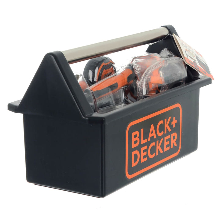 Black open toolbox with kids tools