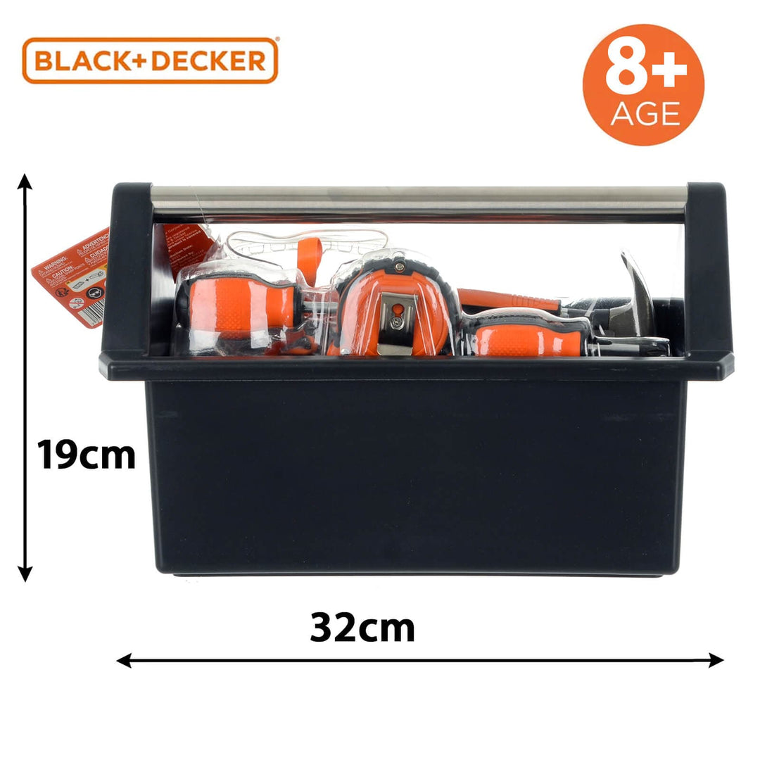 Black open handle kids toolbox showing measurements