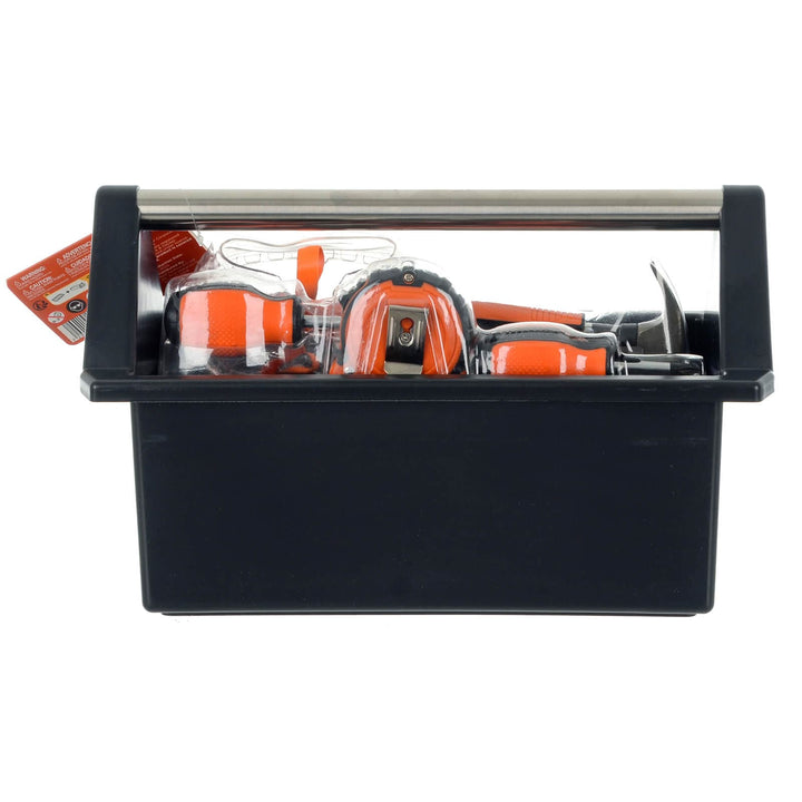 Side view of a black toy toolbox with tools