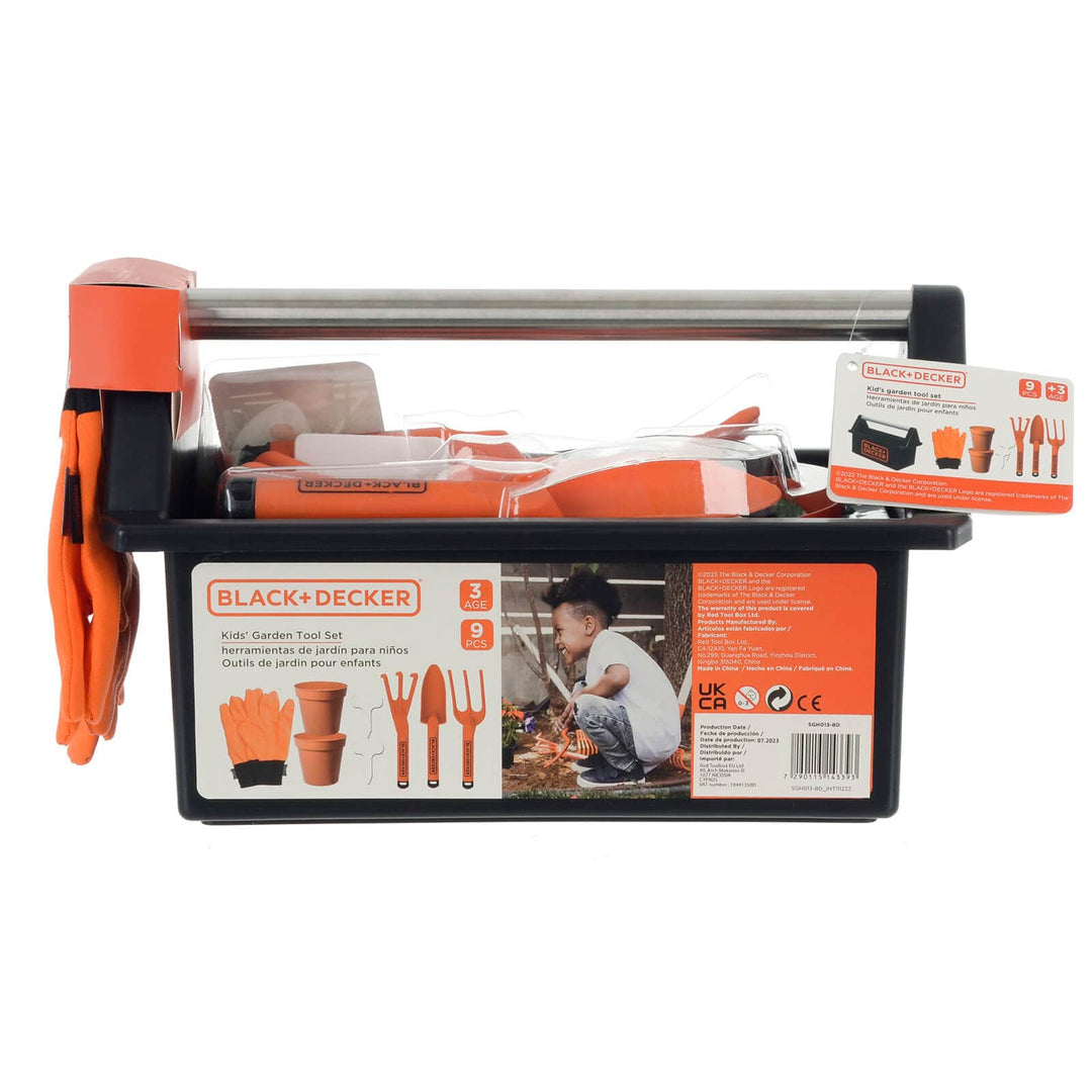 Black + Decker open toolbox with garden tools inside