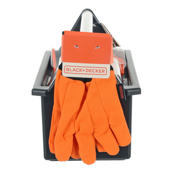 Side view of a graden toolbox with gloves for kids