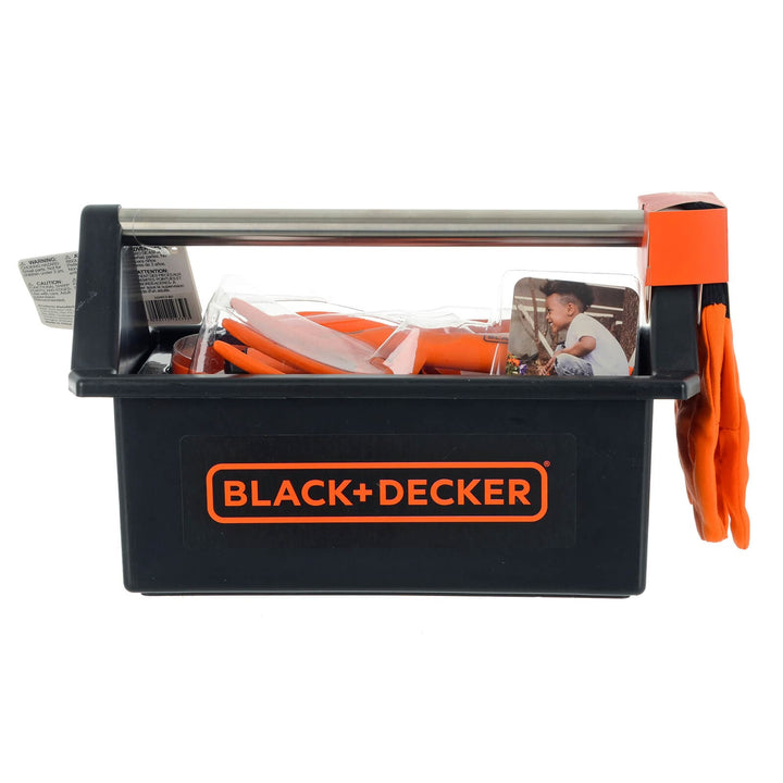 Black and orange garden tools set with toolbox for children