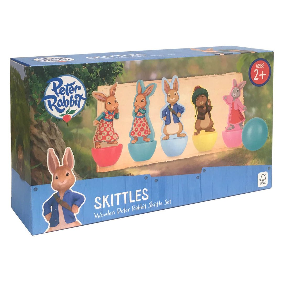 Box of Peter Rabbit wooden skittles with ball