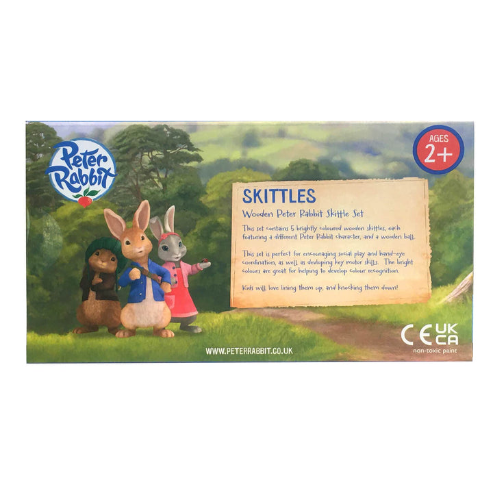 Back of the box of Peter Rabbit wooden skittles game