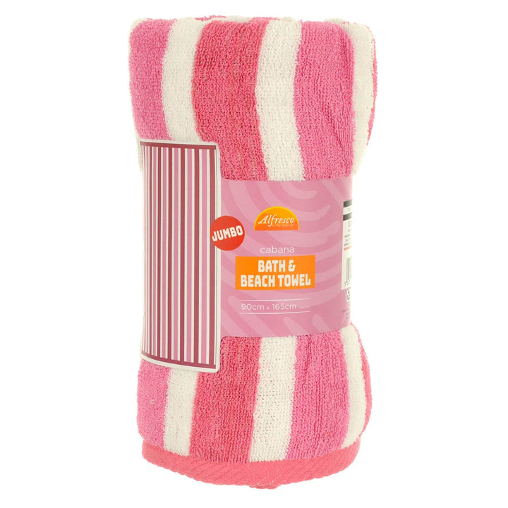 Pink and white striped jumbo beach towel rolled up in packaging