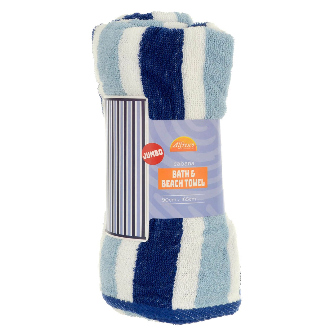 Blue and white striped jumbo beach towel in packaging