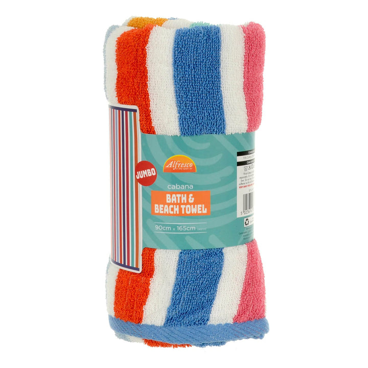 Multicoloured striped jumbo beach towel rolled up in packaging sleeve