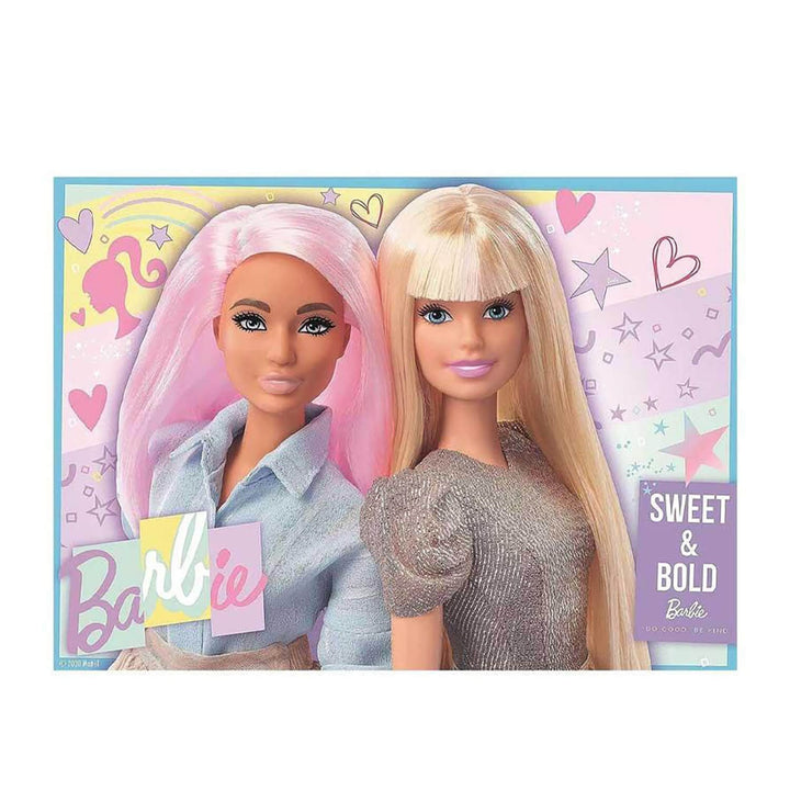 2 Barbie dolls with pink and blonnde hair and Sweet &amp; Bold slogan