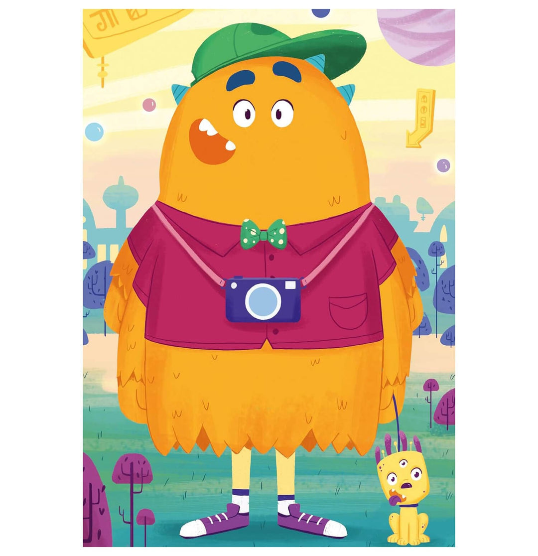 Bright orange monster with camera and baseball cap