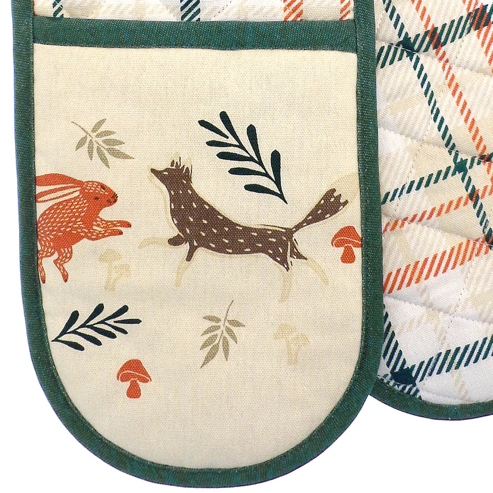 Close up of a Woodland double oven glove with fox and hare design