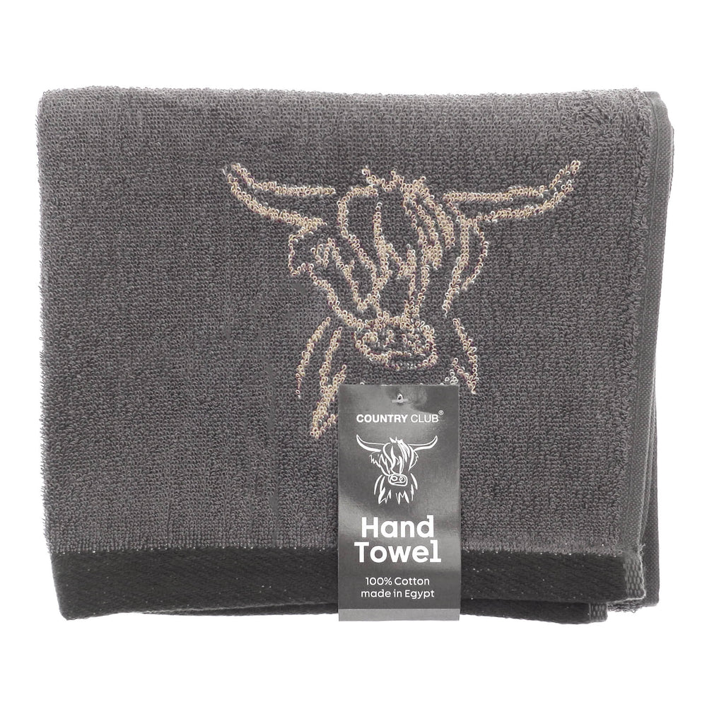 Grey hand towel with Highland cow head design and 'Country Club' label on a white background