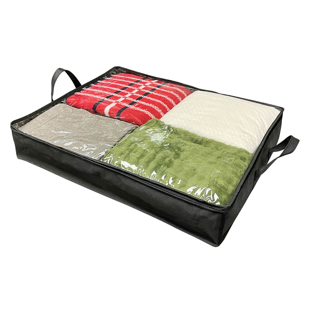 Black storage bag with clear top showing towels and bedding