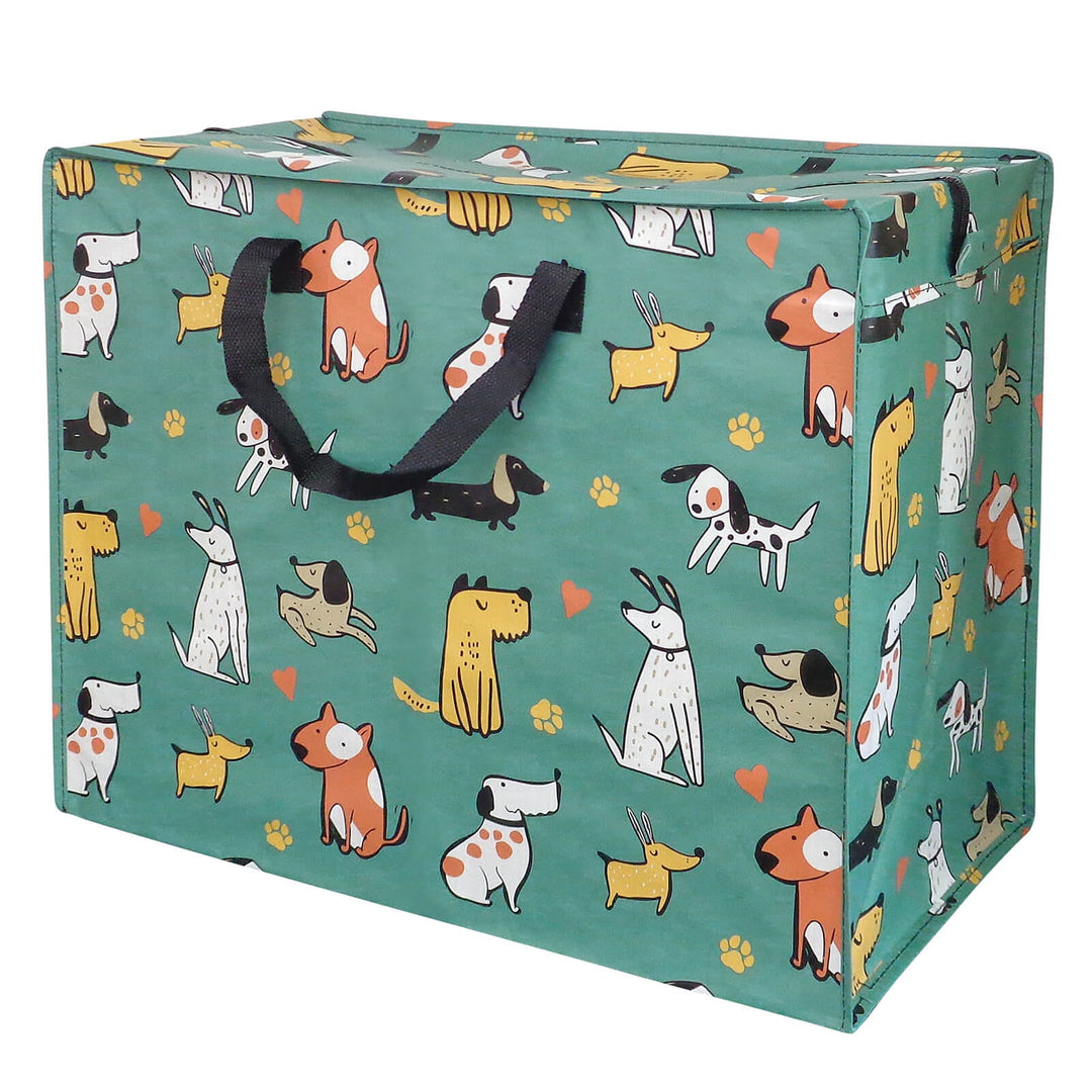 Storage bag with dog pattern on a teal background
