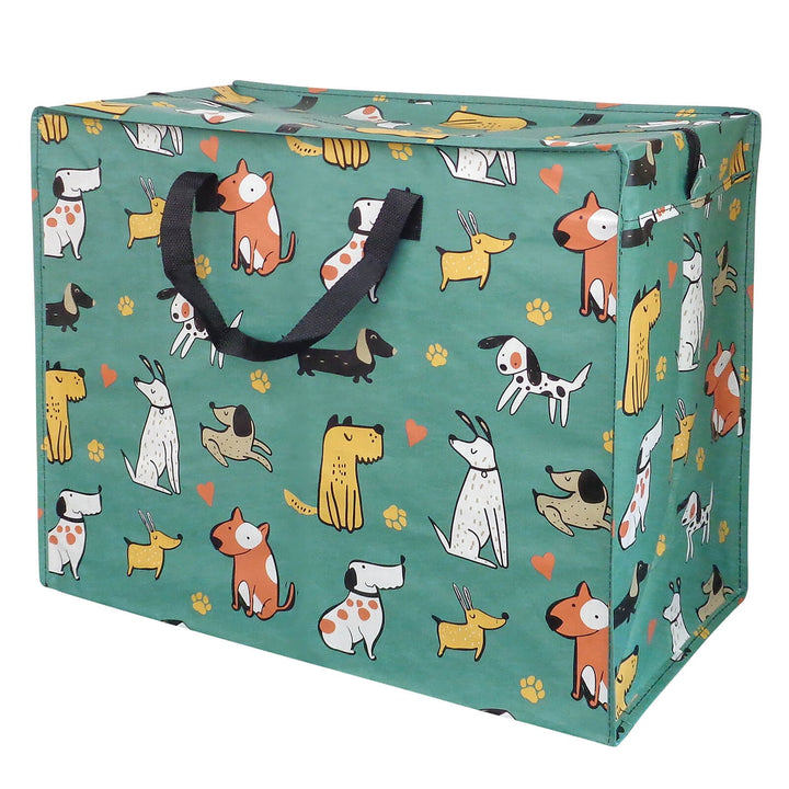 Storage bag with dog pattern on a teal background