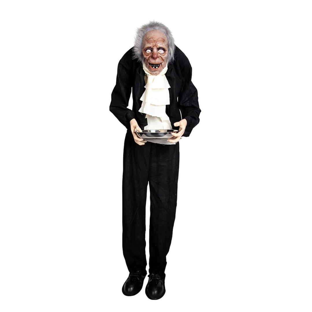 Creepy butler Halloween figure with silver serving tray