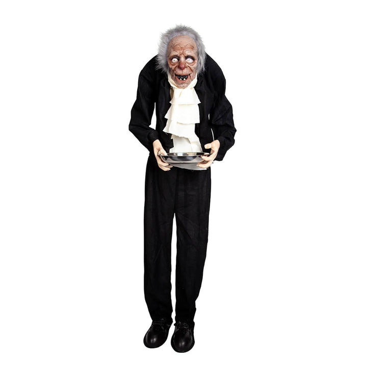Creepy butler Halloween figure with silver serving tray
